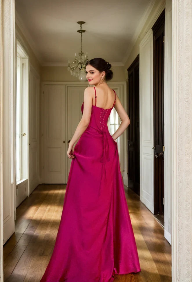 Vibrant Satin A-Line Square Neck Spaghetti Strap Lace-Up Back Floor-Length Evening Dresses