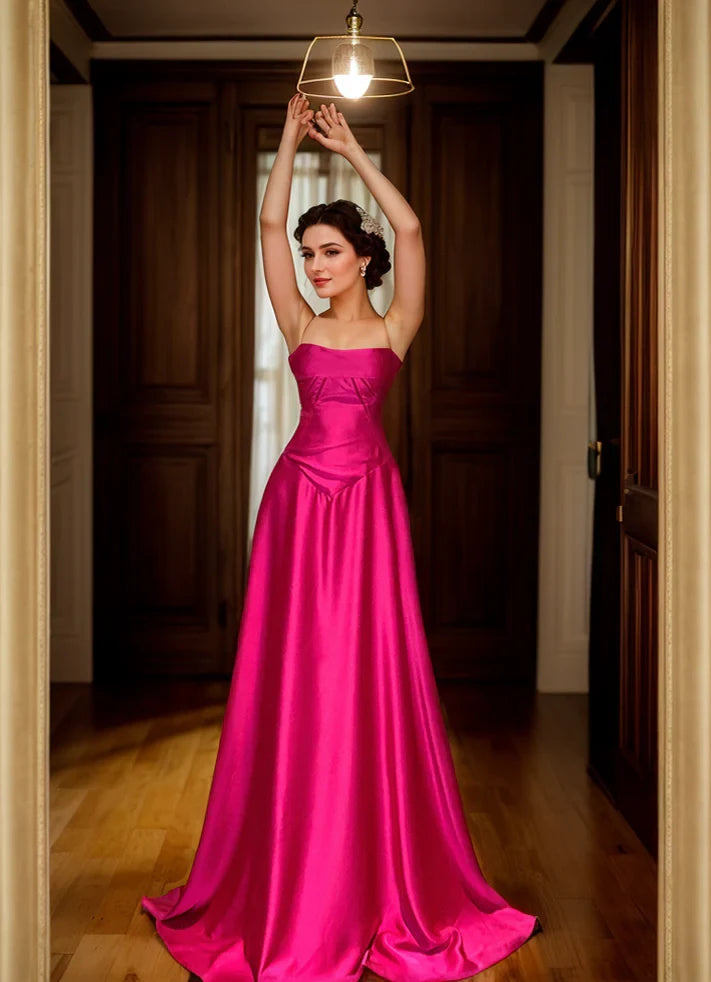 Vibrant Satin A-Line Square Neck Spaghetti Strap Lace-Up Back Floor-Length Evening Dresses