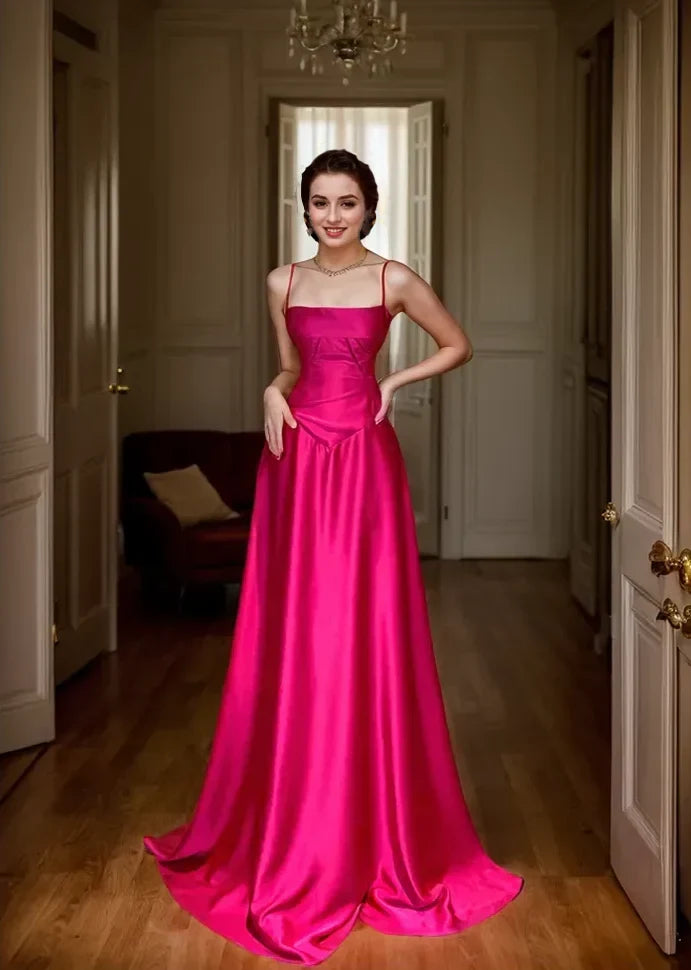Vibrant Satin A-Line Square Neck Spaghetti Strap Lace-Up Back Floor-Length Evening Dresses