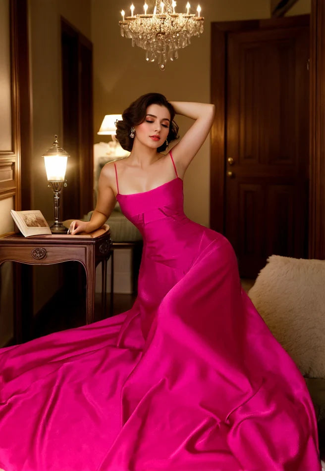 Vibrant Satin A-Line Square Neck Spaghetti Strap Lace-Up Back Floor-Length Evening Dresses