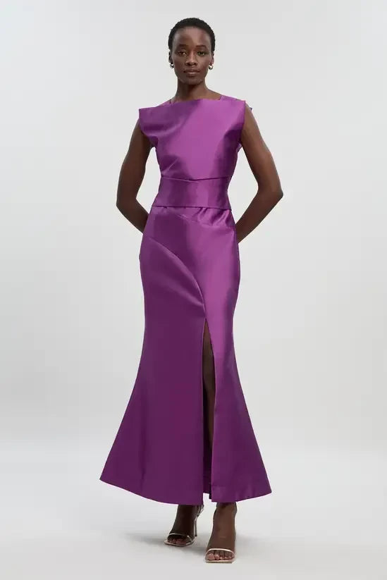 Vibrant Satin Mermaid Boat Neck Cap Sleeve Closed Back Floor-Length Evening Dresses