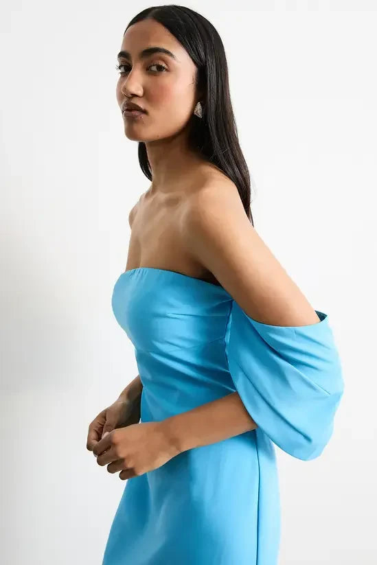 Vibrant Satin Sheath Strapless Off-Shoulder Zipper Back Midi Evening Dresses
