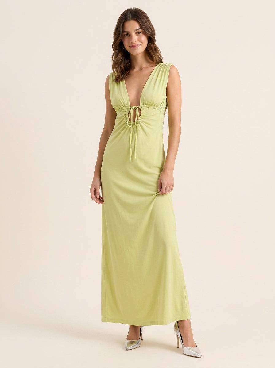 Vibrant Sheath Plunging V-Neck Sleeveless Low Back Tie-Front Maxi Evening Dresses