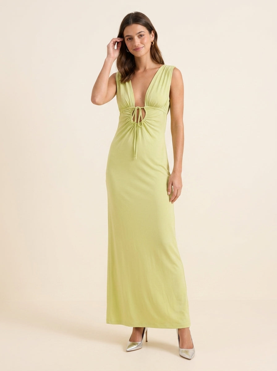 Vibrant Sheath Plunging V-Neck Sleeveless Low Back Tie-Front Maxi Evening Dresses