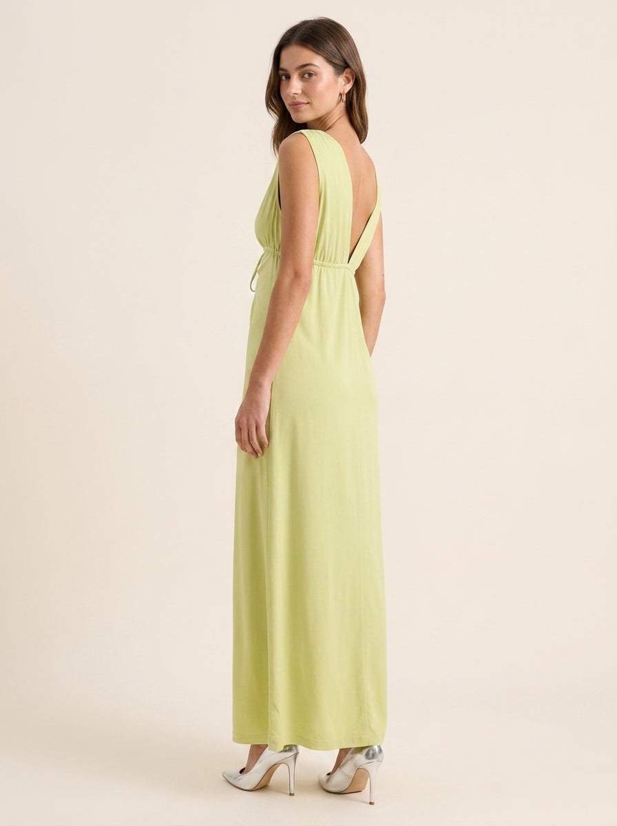 Vibrant Sheath Plunging V-Neck Sleeveless Low Back Tie-Front Maxi Evening Dresses