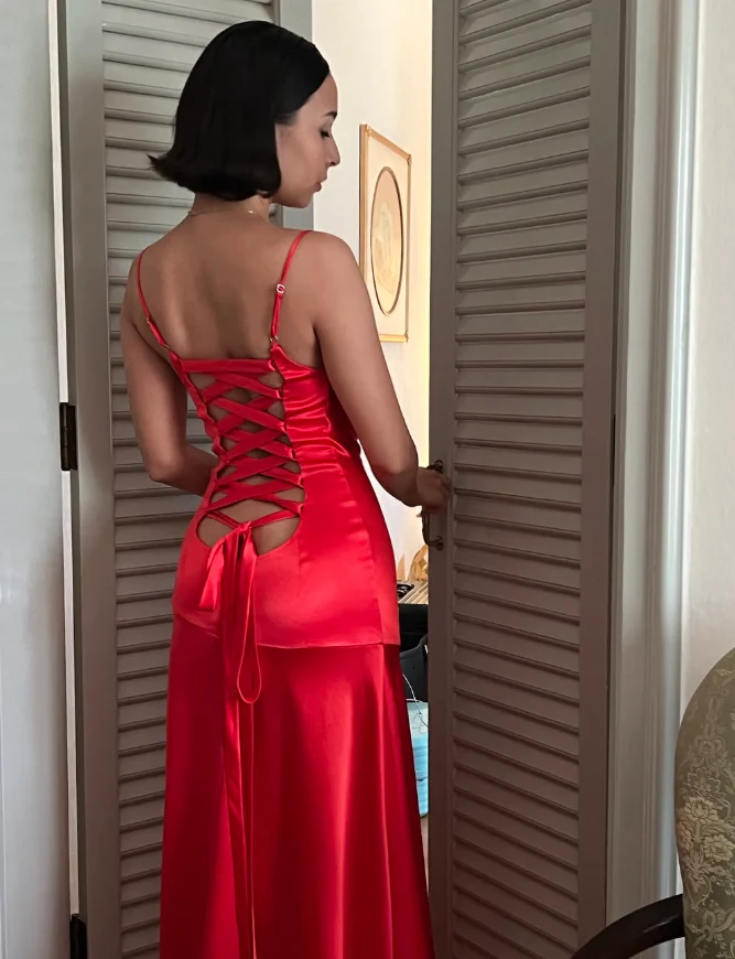 Vibrant satin cowl-neck slip-style spaghetti-strap lace-up-back floor-length evening dresses