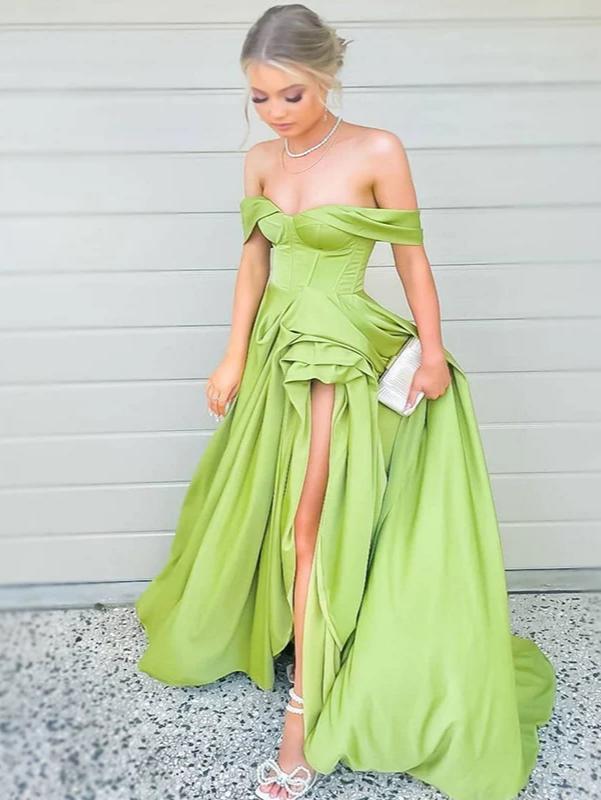 Vibrant green satin off shoulder corset lace up high slit floor evening dress