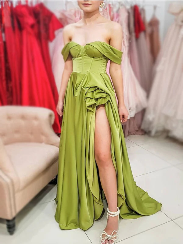 Vibrant green satin off shoulder corset lace up high slit floor evening dress