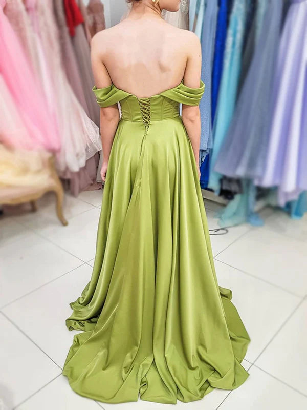 Vibrant green satin off shoulder corset lace up high slit floor evening dress
