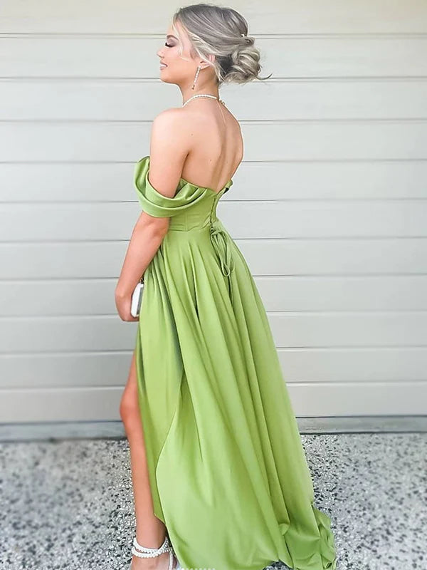 Vibrant green satin off shoulder corset lace up high slit floor evening dress