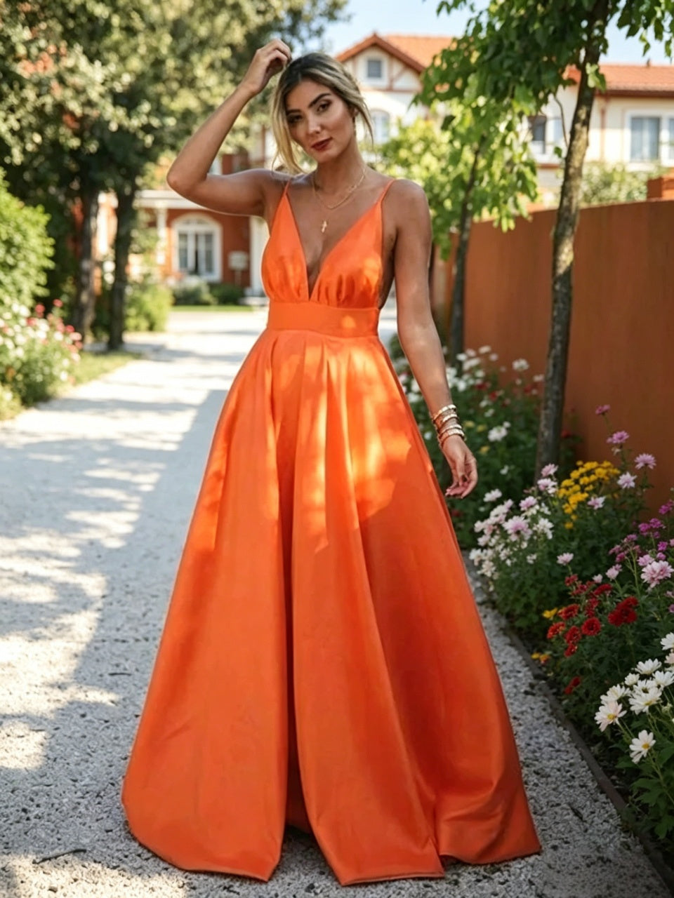 Vibrant orange satin Aline plunging spaghetti strap full bare open back floor length evening dress