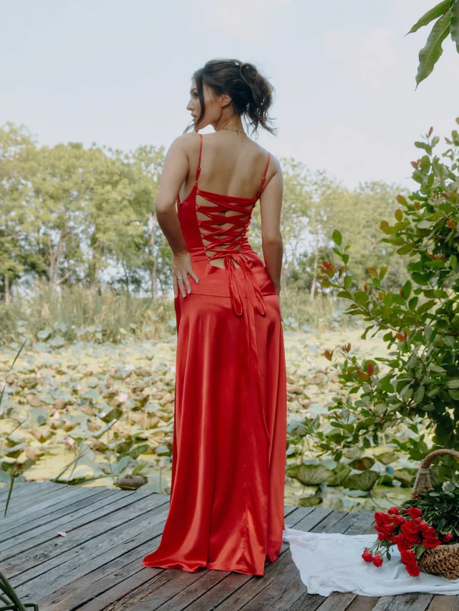 Vibrant satin cowl-neck slip-style spaghetti-strap lace-up-back floor-length evening dresses