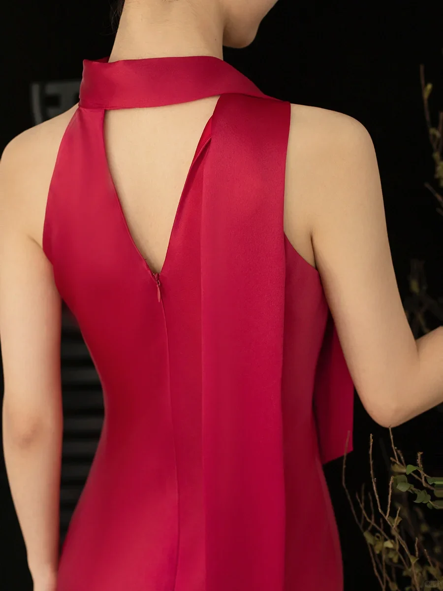 Vibrant satin slip halter-neck sleeveless V-back slit midi evening dress