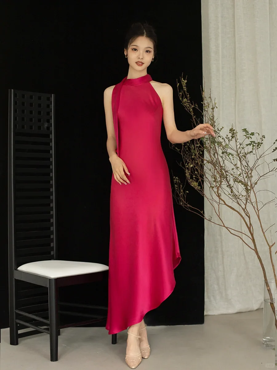 Vibrant satin slip halter-neck sleeveless V-back slit midi evening dress