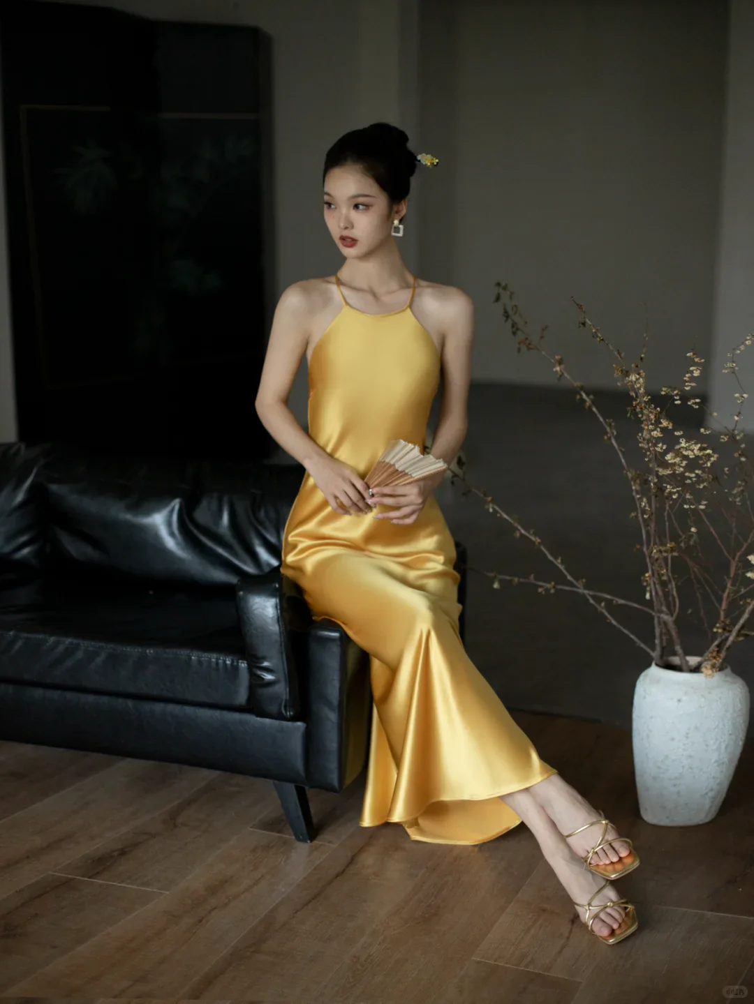 Vibrant satin slip halter-neck sleeveless crisscross-back floor-length evening dress