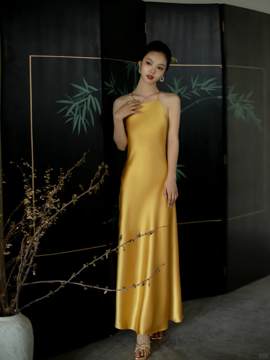 Vibrant satin slip halter-neck sleeveless crisscross-back floor-length evening dress