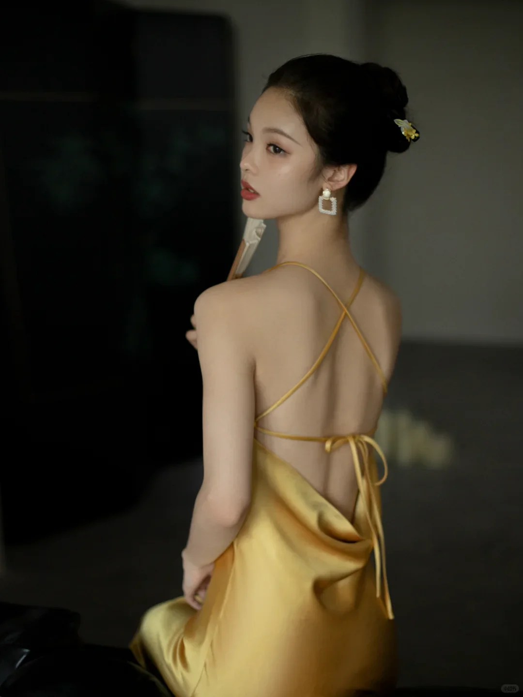 Vibrant satin slip halter-neck sleeveless crisscross-back floor-length evening dress