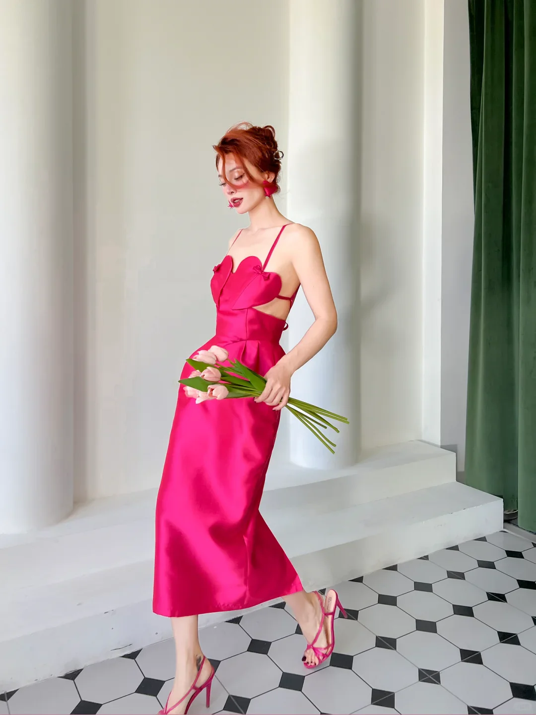 Vibrant satin slip sweetheart-neck spaghetti-strap cutout-back slit midi evening dress