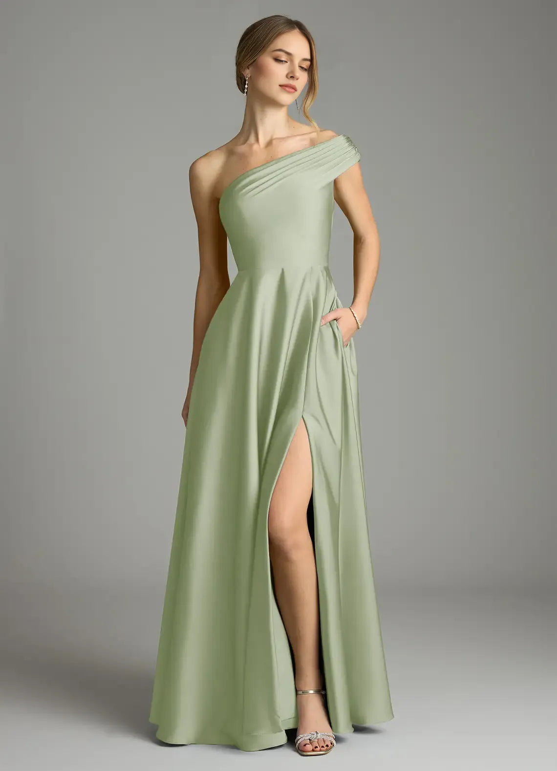 Vintage A-Line Satin One Shoulder Sleeveless Zipper Back Floor Length Bridesmaid Dress