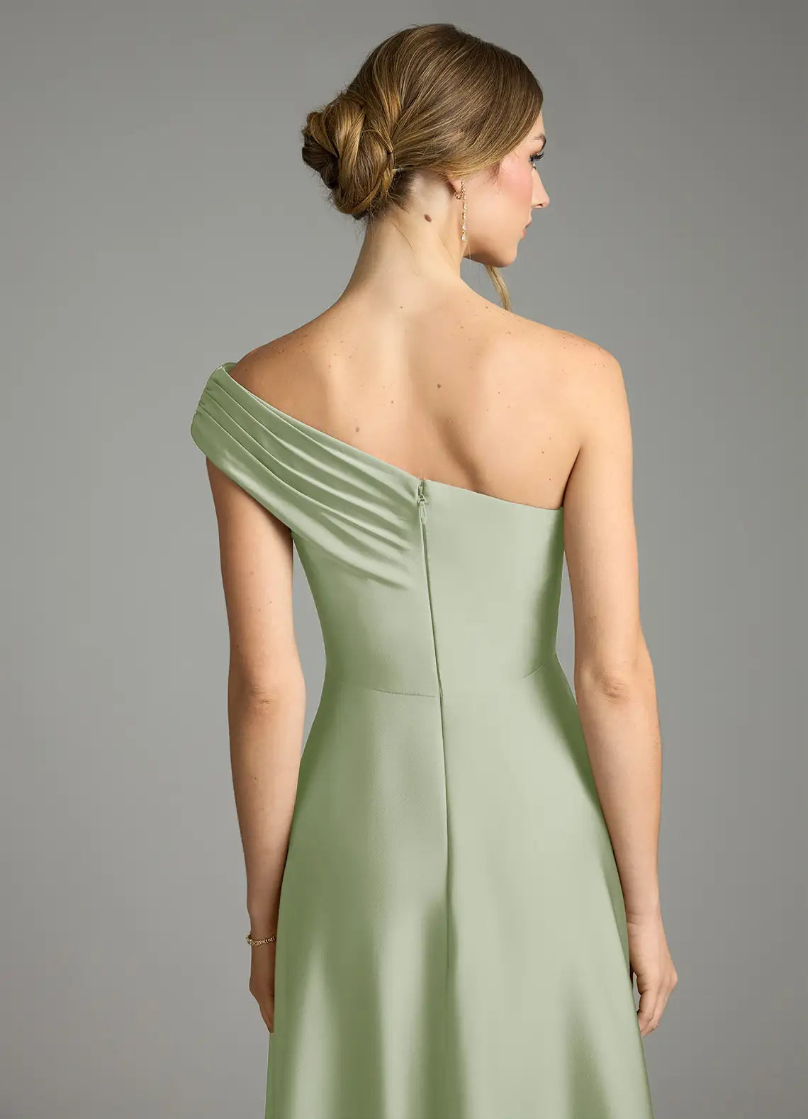 Vintage A-Line Satin One Shoulder Sleeveless Zipper Back Floor Length Bridesmaid Dress