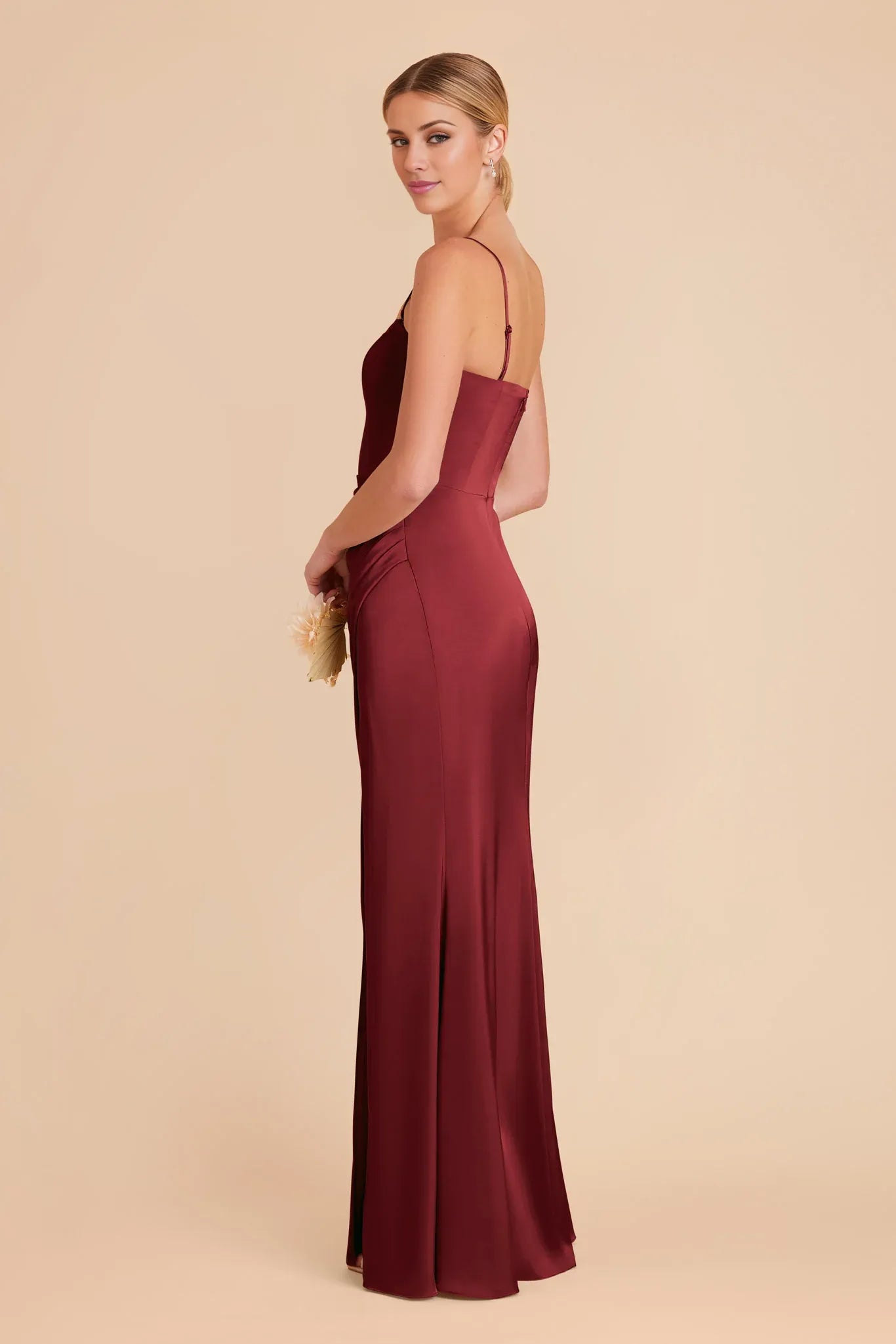 Vintage Ruched Satin Square Neck Spaghetti Strap Open Back Floor Length Bridesmaid Dresse