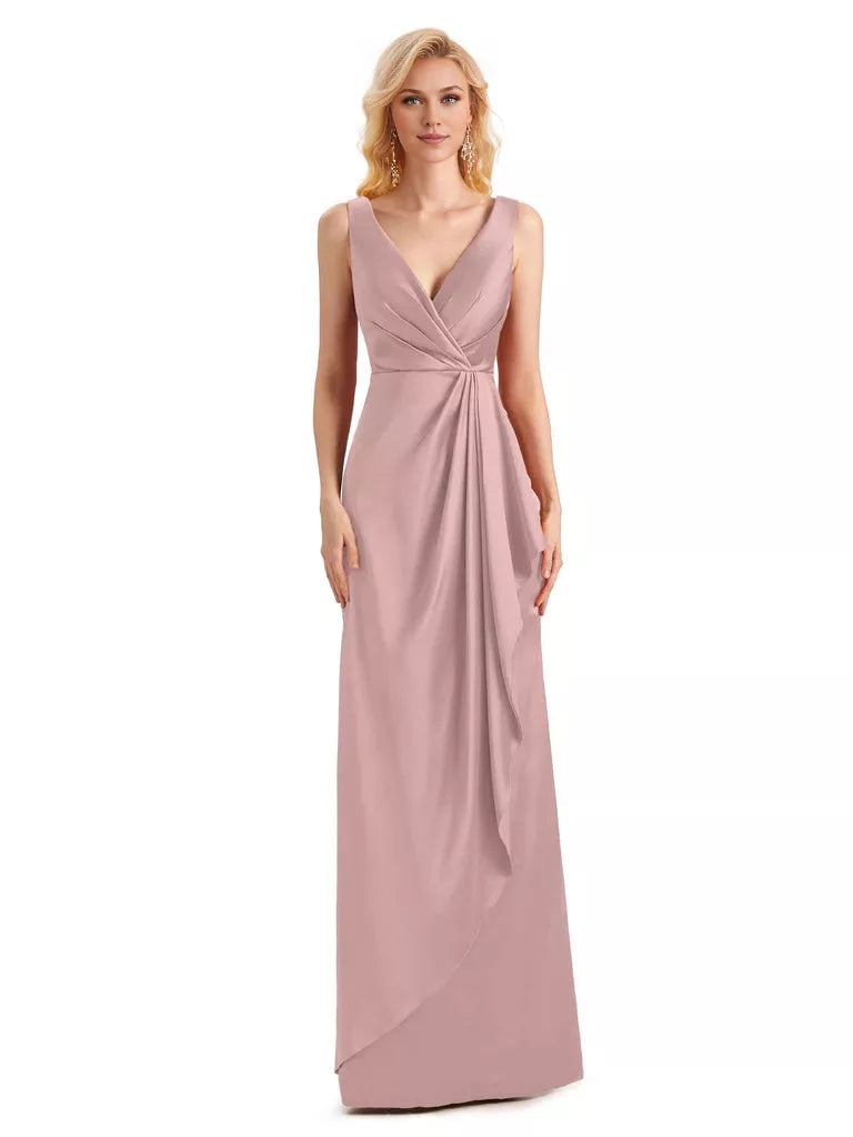 Elegantes vestidos de dama de honor formales, largos hasta el suelo, de satén suave, con escote en V y sin mangas