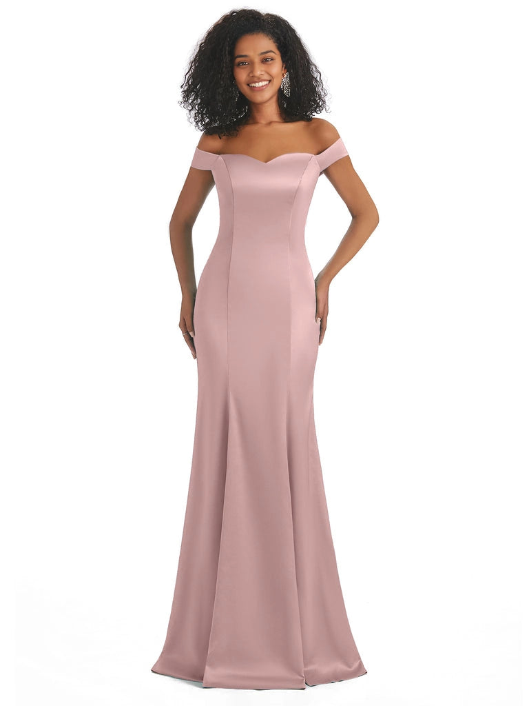 Vestidos de dama de honor largos, sencillos, de satén suave, sin mangas y con hombros descubiertos, de corte sirena