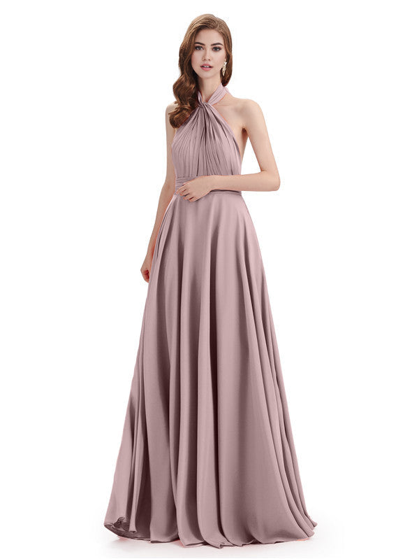 Simple A-Line High Neck Halter Sleeveless Pleats Chiffon Floor Length Bridesmaid Dresses