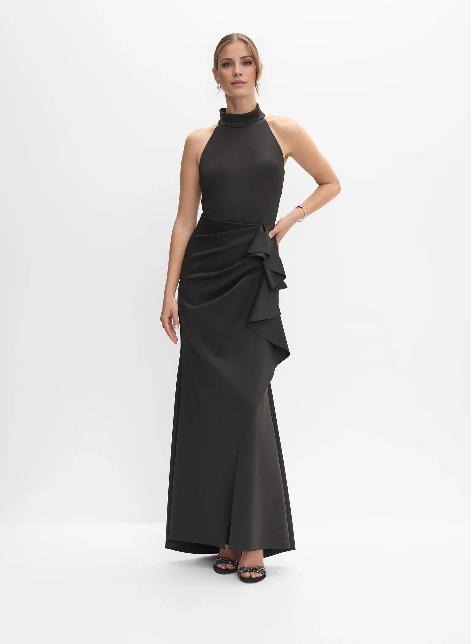 Vintage A-Line High-Neck Sleeveless Ruffled Side-Slit Floor-Length Evening Dress
