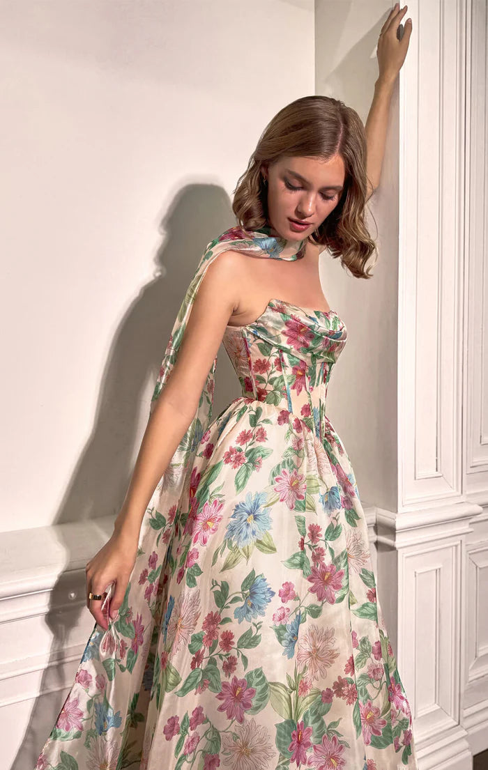 Ivory Organza A-Line Floor-Length Evening Dress with Straight Neck and Structured Boned Bodice