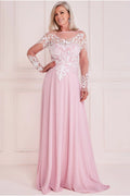 Blushing Pink Chiffon A-Line Illusion Neck Floor-Length Evening Dress with Lace Applique Bodice