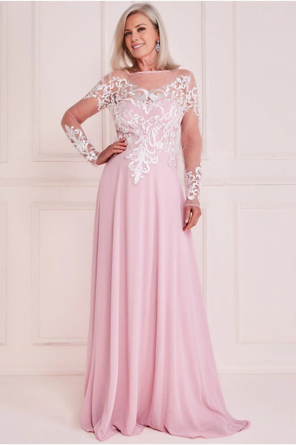 Blushing Pink Chiffon A-Line Illusion Neck Floor-Length Evening Dress with Lace Applique Bodice