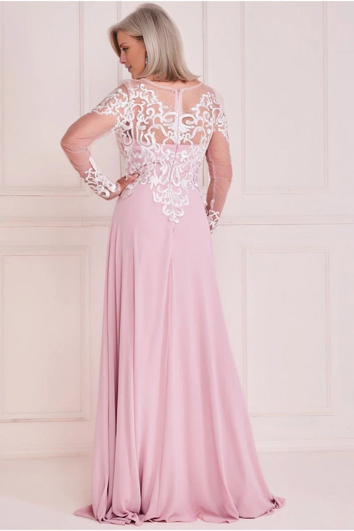 Blushing Pink Chiffon A-Line Illusion Neck Floor-Length Evening Dress with Lace Applique Bodice