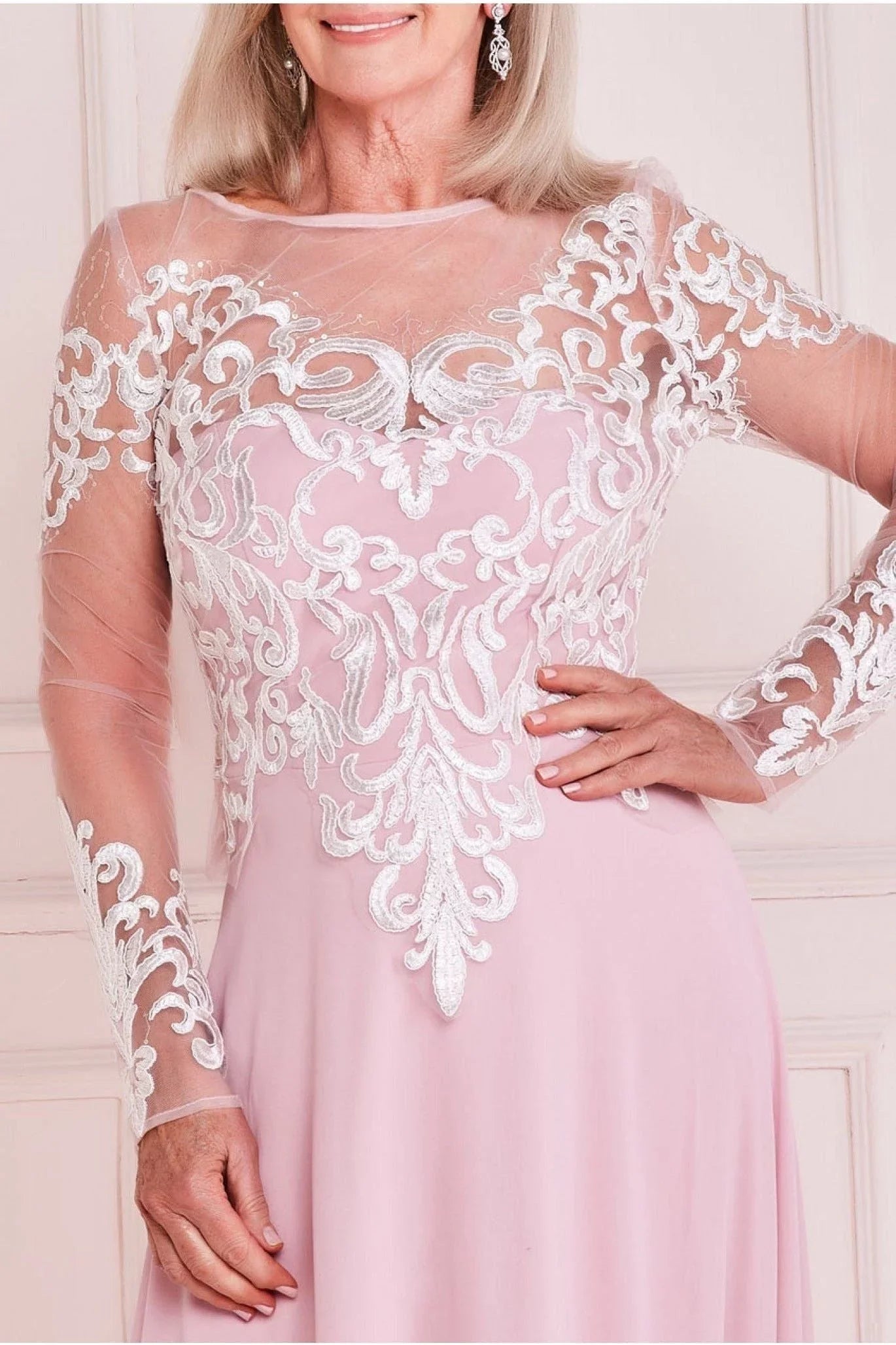 Blushing Pink Chiffon A-Line Illusion Neck Floor-Length Evening Dress with Lace Applique Bodice
