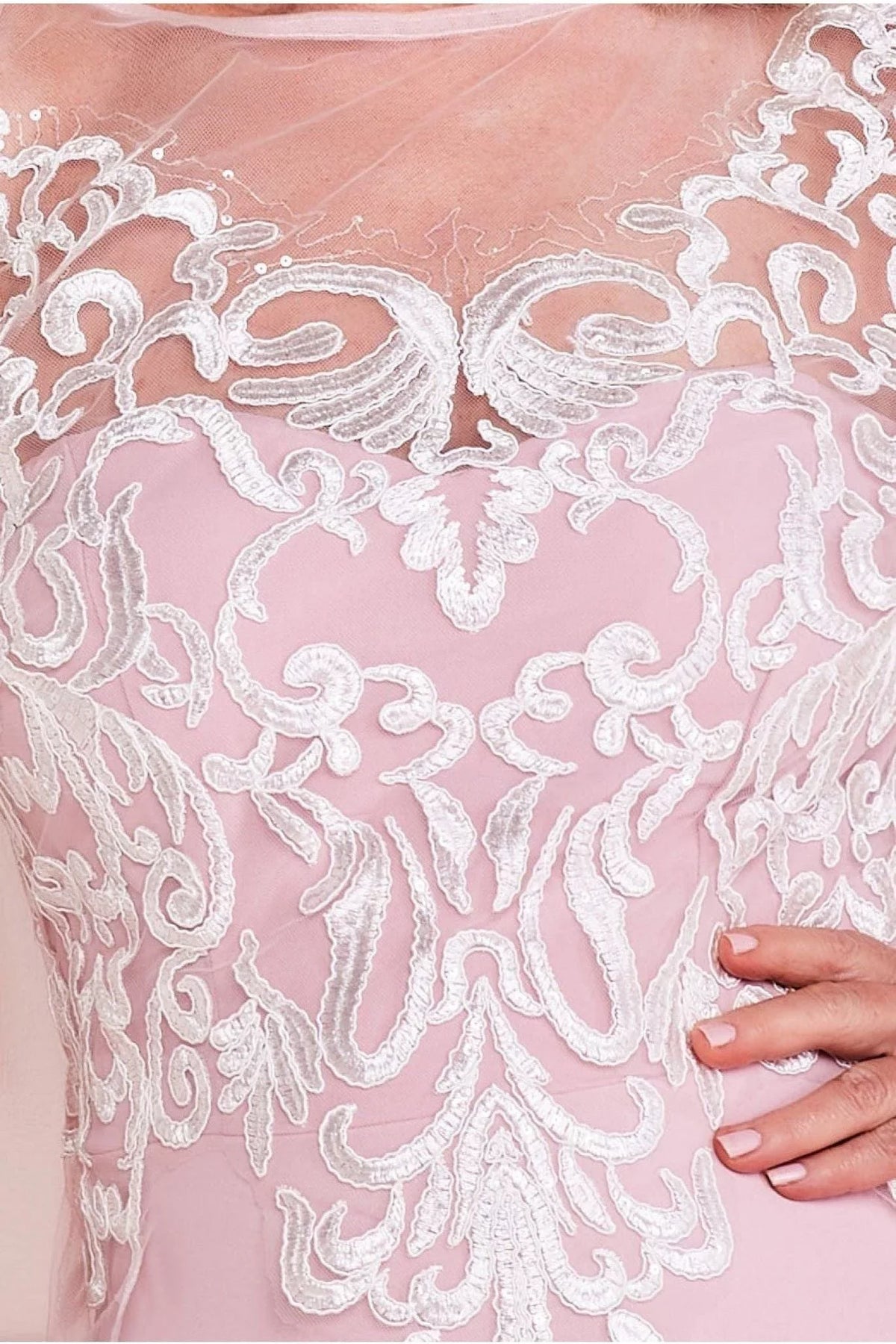 Blushing Pink Chiffon A-Line Illusion Neck Floor-Length Evening Dress with Lace Applique Bodice