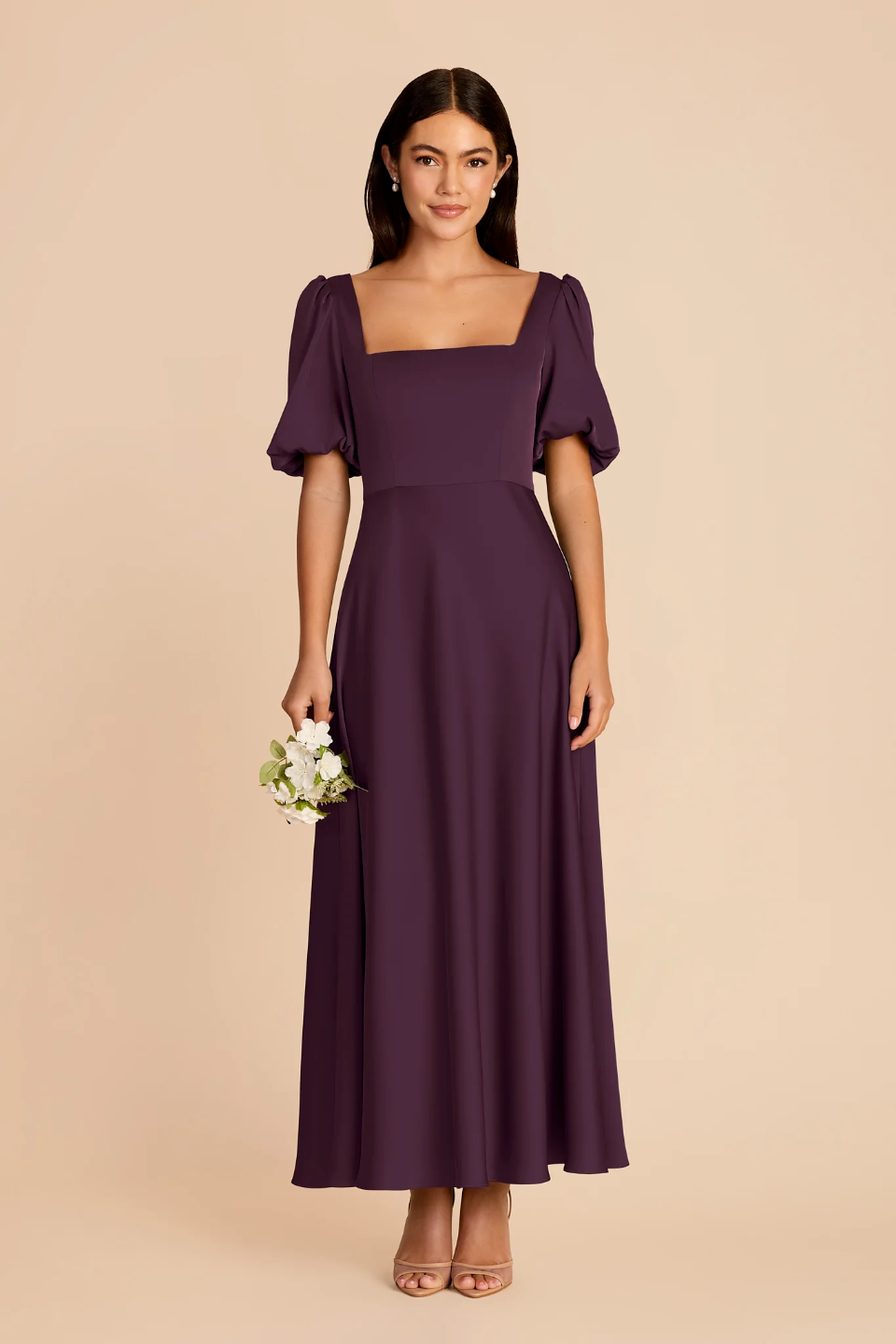 Vintage Square Neck Puff Sleeve Bridesmaid Dress with Open Back and Flowy A-Line Skirt