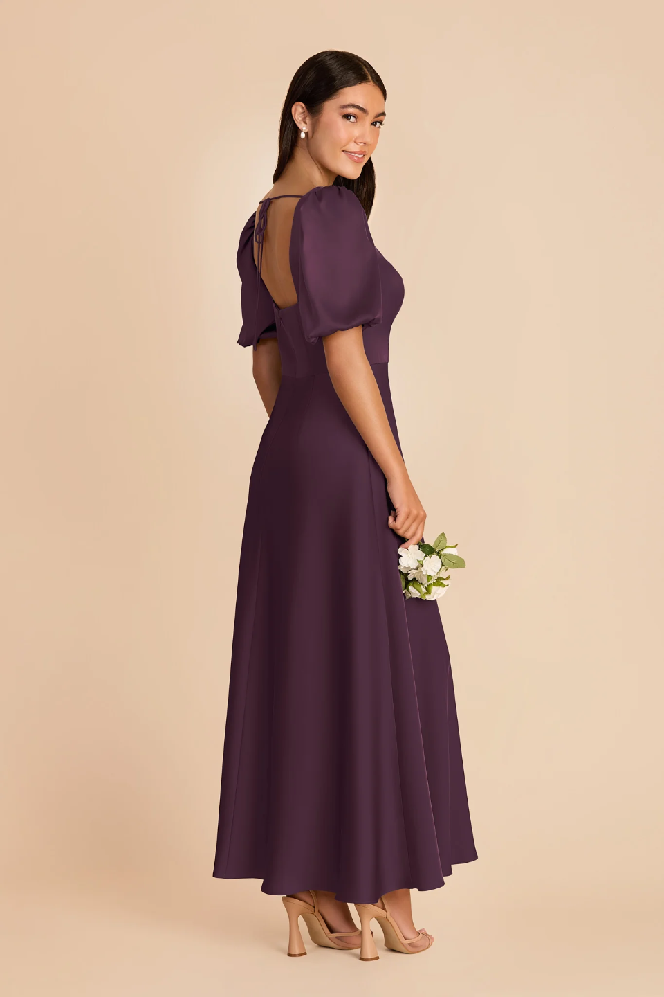 Vintage Square Neck Puff Sleeve Bridesmaid Dress with Open Back and Flowy A-Line Skirt