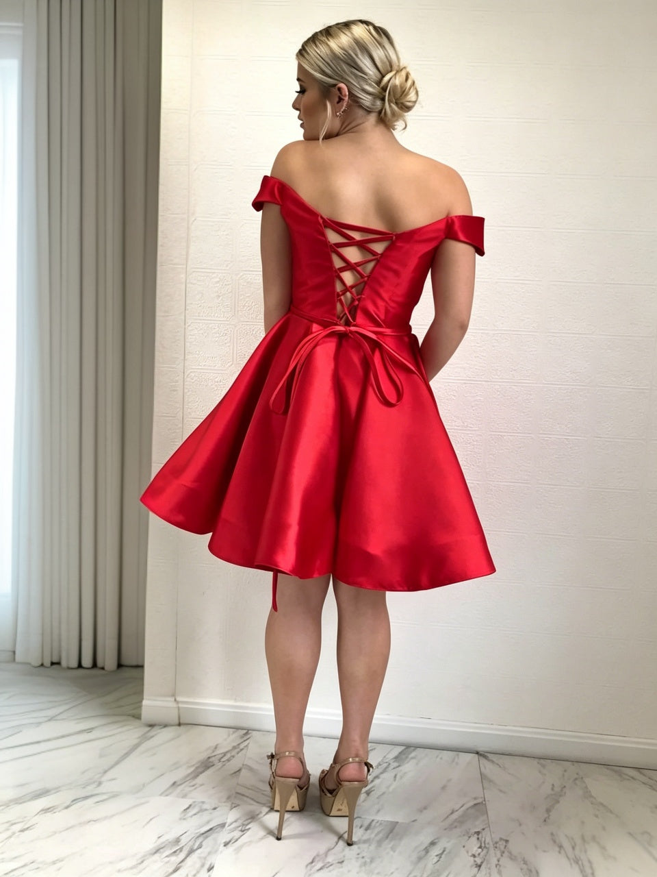 Vivid Red Gloss Satin Off Shoulder Sweetheart Corset Lace-Up Back A-Line Mini Homecoming Dresses