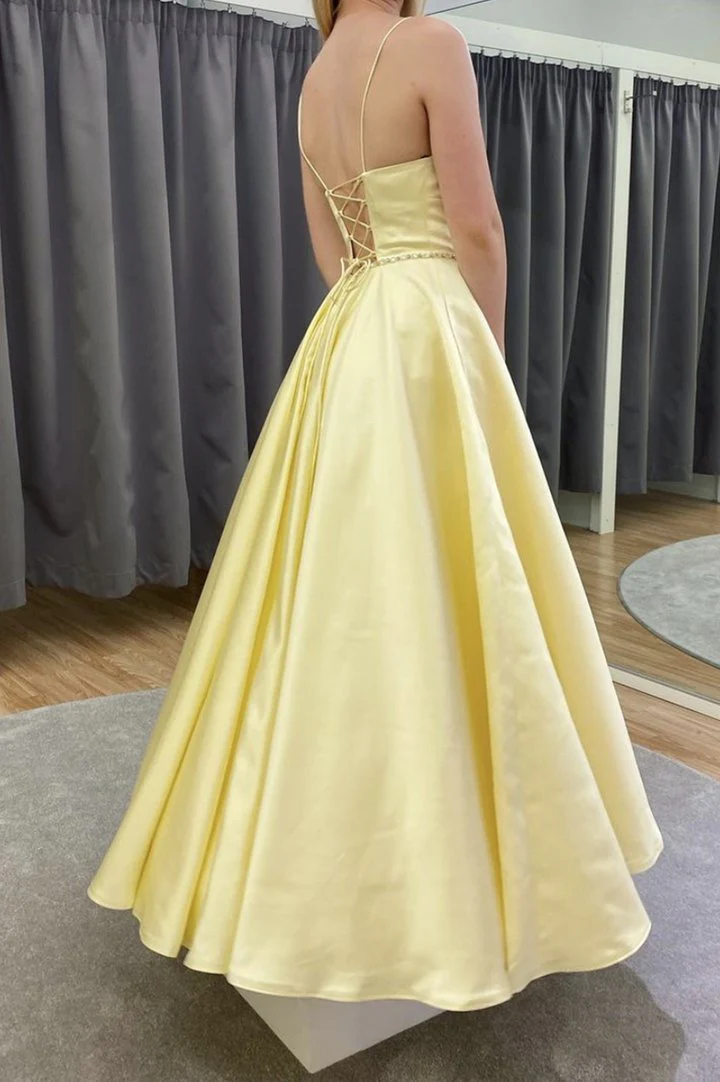 Voluminous A-Line V-Neck Spaghetti Straps Lace-Up-Back Beaded-Waist Satin Evening Dress