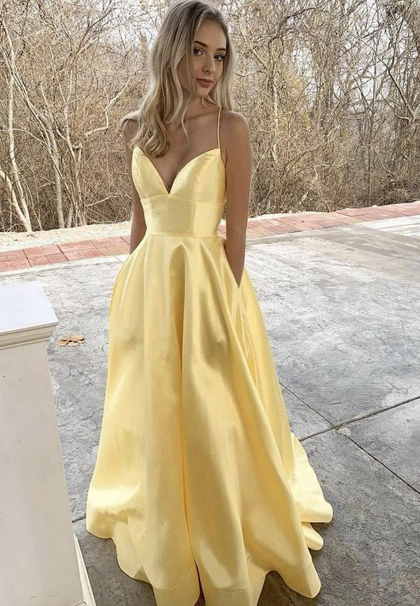 Voluminous A-Line V-Neck Spaghetti Straps Lace-Up-Back Floor-Length Pocket Evening Dress