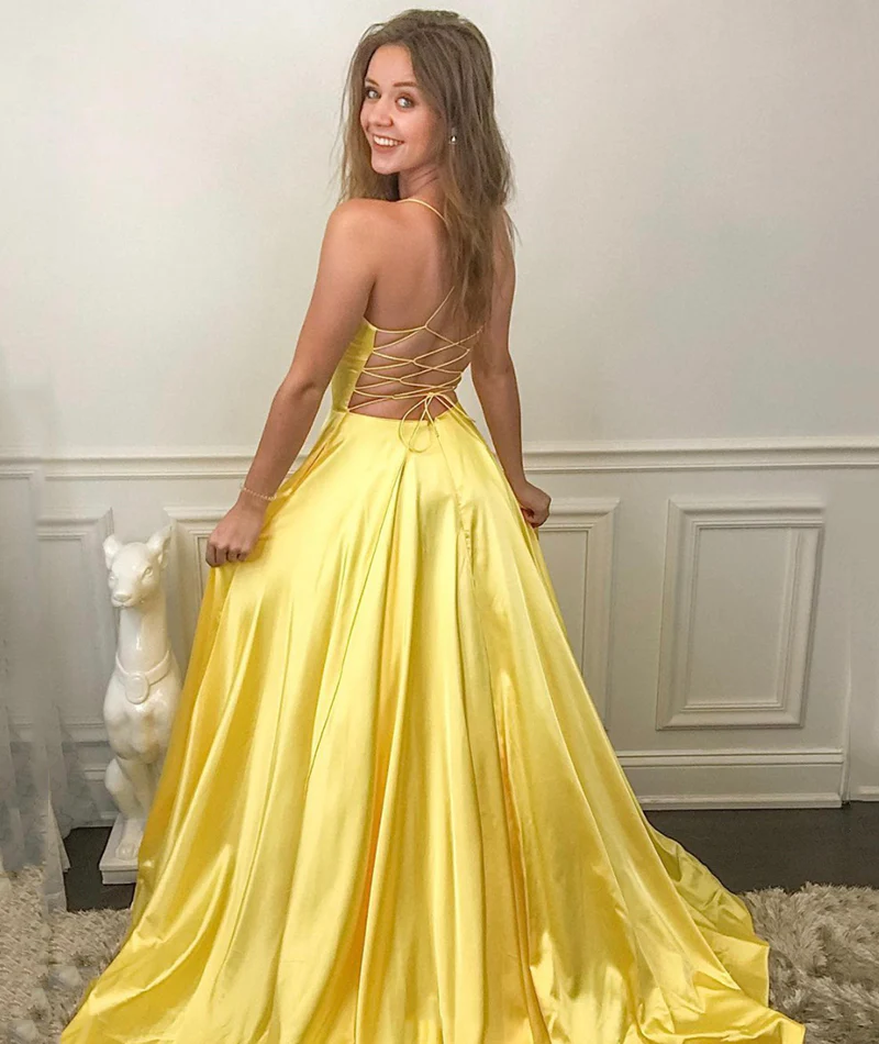 Voluminous A-Line V-Neck Spaghetti Straps Lace-Up-Back Floor-Length Pocket Evening Dress