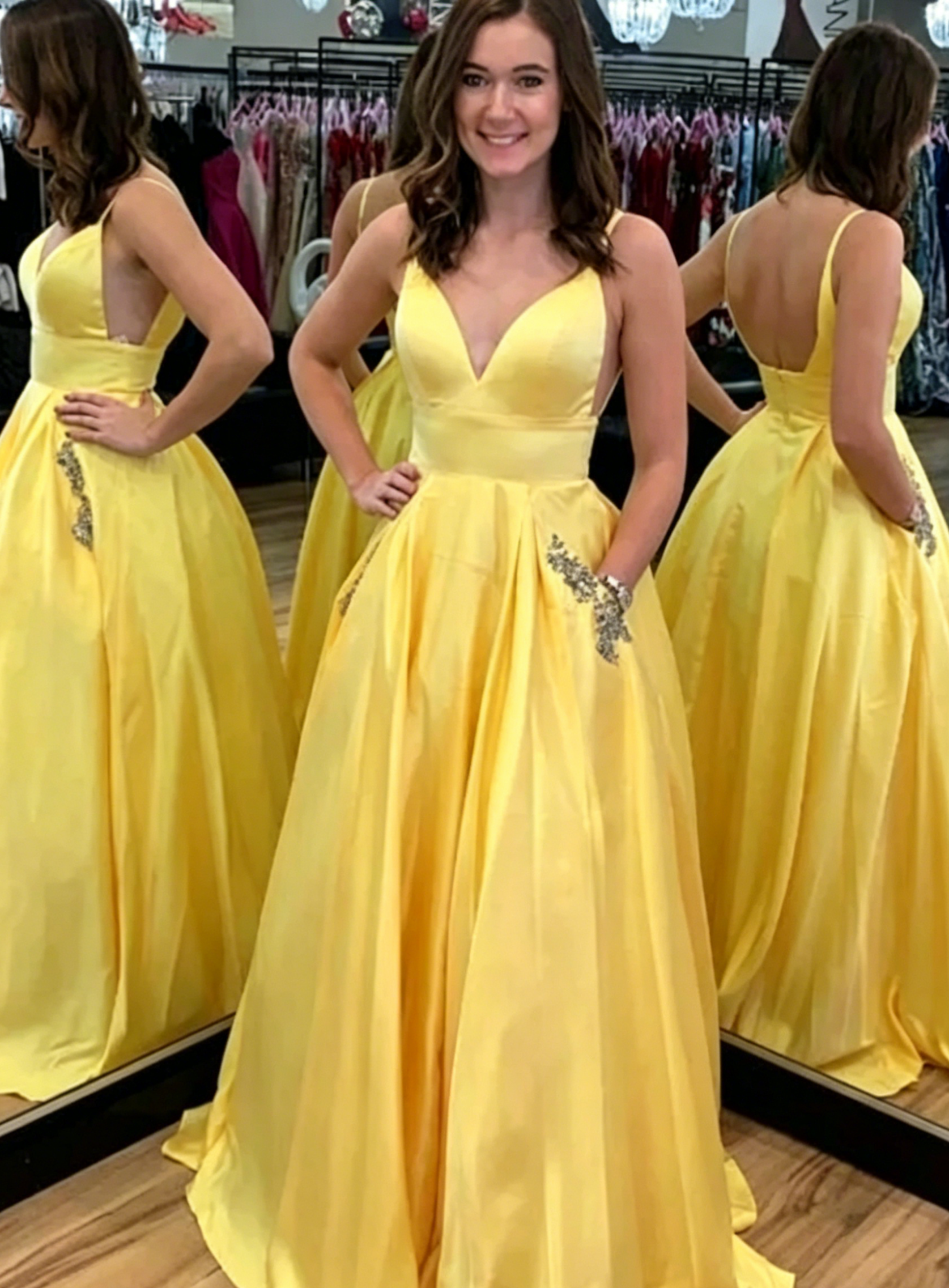 Voluminous A-Line V-Neck Spaghetti Straps Open-Back Floor-Length Beaded Pocket Evening Dress
