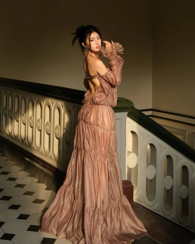 Voluminous tiered gown off-the-shoulder strapless puffed-sleeve open-back floor-length evening dress