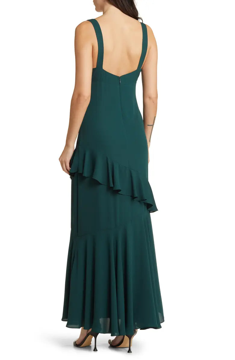 Elegant V-neck open shoulder ruffled long chiffon backless evening dress