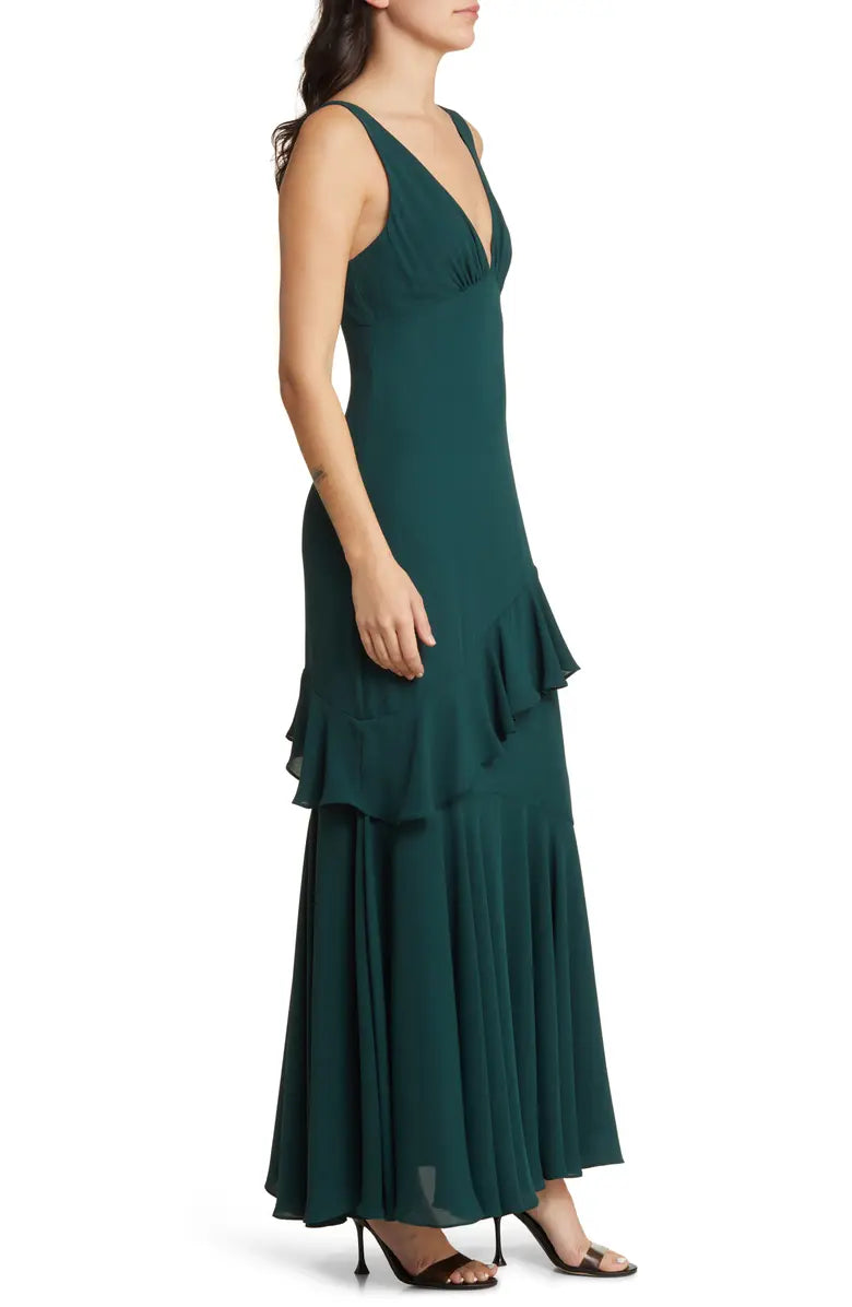 Elegant V-neck open shoulder ruffled long chiffon backless evening dress