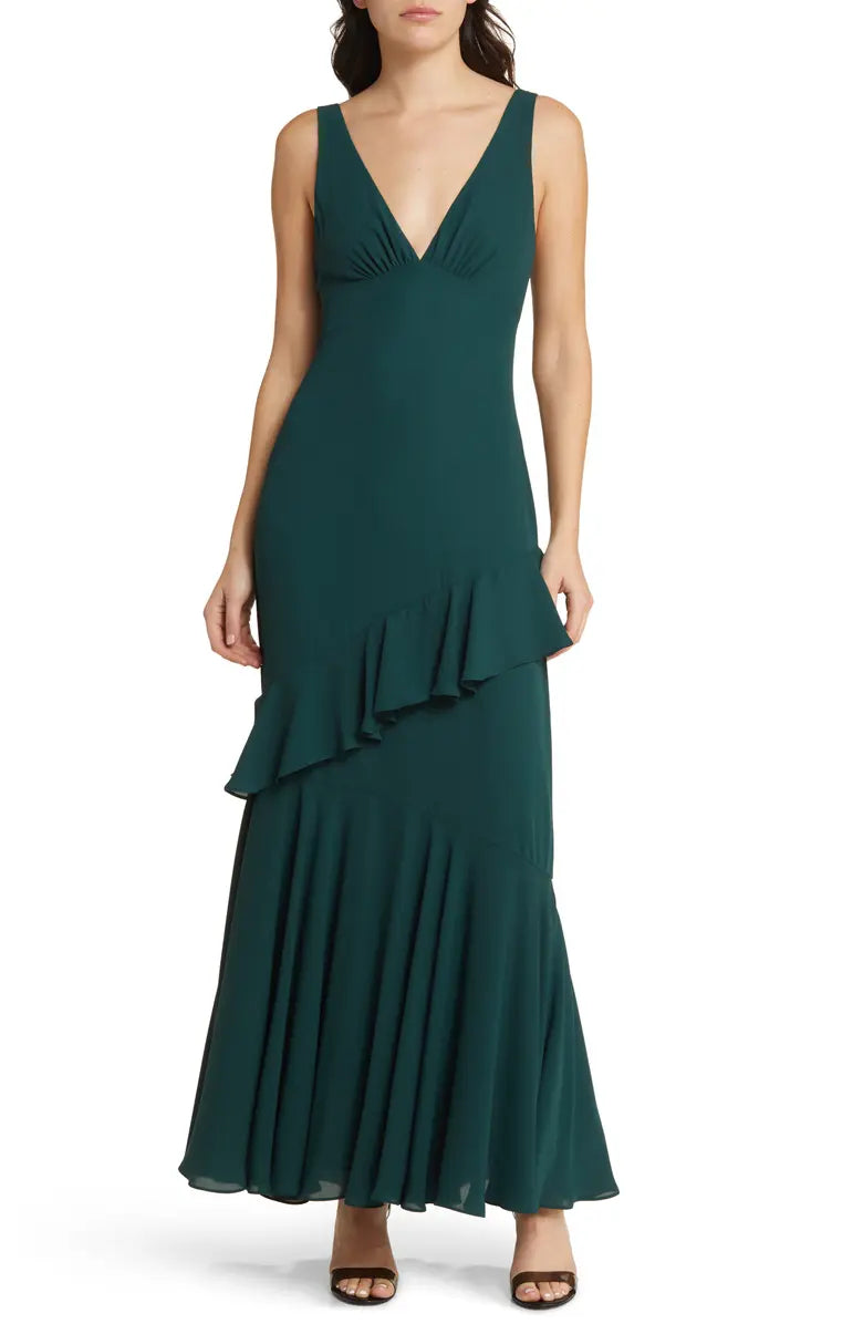Forest Green Chiffon A-Line V-Neck Floor-Length Bridesmaid Dress