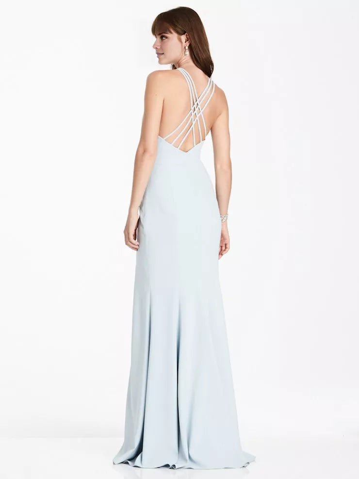 Abito da ballo lungo fino al pavimento, senza maniche, con scollo a V, spalle scoperte e spacco laterale sulla schiena