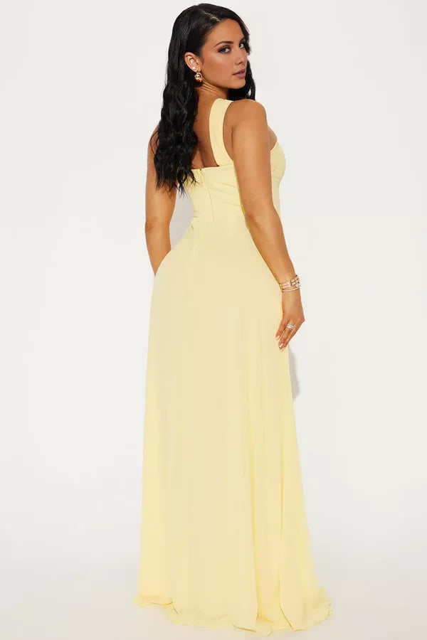 Waist collar off shoulder sleeveless backless side slit and floor length evening dress