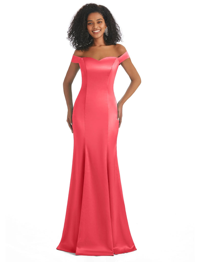 Vestidos de dama de honor largos, sencillos, de satén suave, sin mangas y con hombros descubiertos, de corte sirena