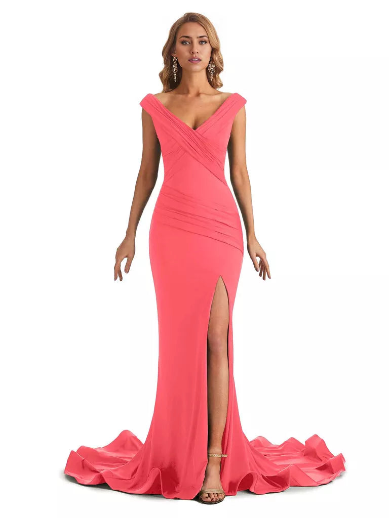 Vestido de dama de honor largo, formal, sin mangas, con escote en V y hombros descubiertos, de estilo sirena y sexy